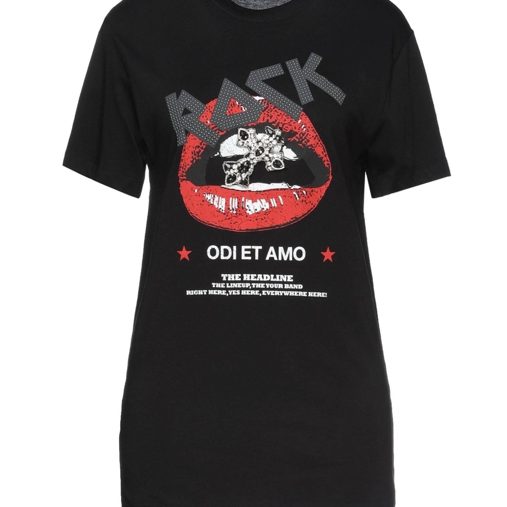 ODI ET AMO Black Graphic T-Shirt with Red Lips Design Jewels and Rhinestones L